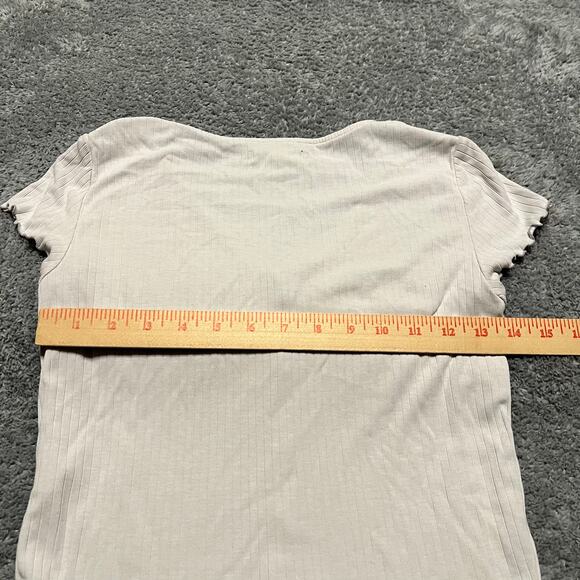 Madewell Shirt Womens Small Ribbed Lettuce Hem V-Neck Tee Off White NJ806 - Picture 3 of 7